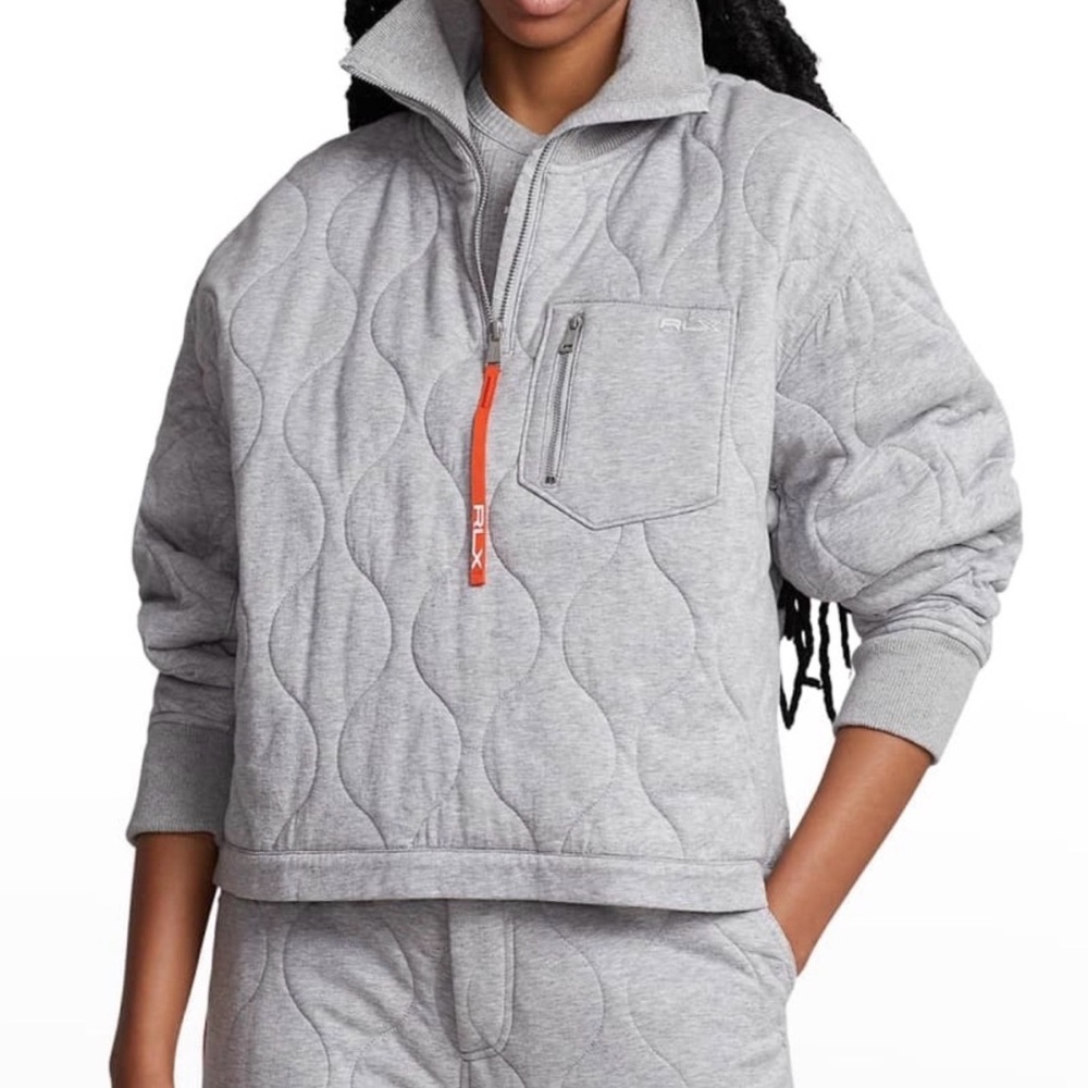 Ralph Lauren RLX Quilted Pullover Hoodie in Heather Gray with Orange Pull